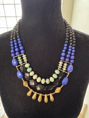 Multi-Strand Blue, Black & Green Beaded Statement Necklace